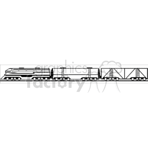 The clipart image shows a stylized side view of a train. The train consists of a locomotive at the front, followed by various types of railcars which appear to include a boxcar, tanker car, and perhaps a flatbed or container car.