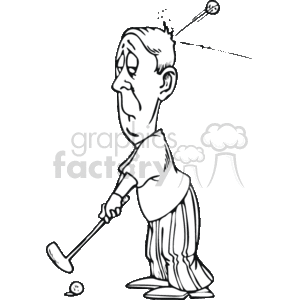 black and white cartoon man getting hit in the head with a golf ball clipart.