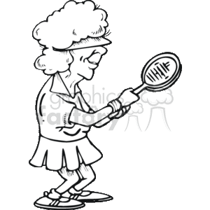 sports cartoon funny cartoons tennis lady   Sports019_bw_ss Clip Art Sports female girl girls black white senior