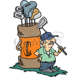 Man standing next to a giant golf bag clipart.