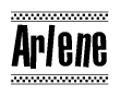 The image is a black and white clipart of the text Arlene in a bold, italicized font. The text is bordered by a dotted line on the top and bottom, and there are checkered flags positioned at both ends of the text, usually associated with racing or finishing lines.