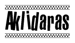 The image contains the text Aklidaras in a bold, stylized font, with a checkered flag pattern bordering the top and bottom of the text.