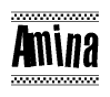 The clipart image displays the text Amina in a bold, stylized font. It is enclosed in a rectangular border with a checkerboard pattern running below and above the text, similar to a finish line in racing. 
