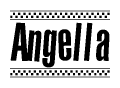 The image is a black and white clipart of the text Angella in a bold, italicized font. The text is bordered by a dotted line on the top and bottom, and there are checkered flags positioned at both ends of the text, usually associated with racing or finishing lines.