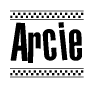 The clipart image displays the text Arcie in a bold, stylized font. It is enclosed in a rectangular border with a checkerboard pattern running below and above the text, similar to a finish line in racing. 