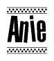 The image is a black and white clipart of the text Anie in a bold, italicized font. The text is bordered by a dotted line on the top and bottom, and there are checkered flags positioned at both ends of the text, usually associated with racing or finishing lines.