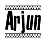 The image contains the text Arjun in a bold, stylized font, with a checkered flag pattern bordering the top and bottom of the text.