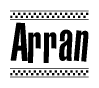 The image contains the text Arran in a bold, stylized font, with a checkered flag pattern bordering the top and bottom of the text.