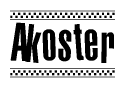 The clipart image displays the text Akoster in a bold, stylized font. It is enclosed in a rectangular border with a checkerboard pattern running below and above the text, similar to a finish line in racing. 