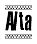 The image contains the text Alta in a bold, stylized font, with a checkered flag pattern bordering the top and bottom of the text.