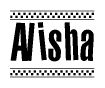 The image contains the text Alisha in a bold, stylized font, with a checkered flag pattern bordering the top and bottom of the text.