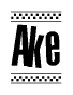 The image contains the text Ake in a bold, stylized font, with a checkered flag pattern bordering the top and bottom of the text.