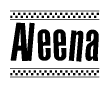 The image contains the text Aleena in a bold, stylized font, with a checkered flag pattern bordering the top and bottom of the text.
