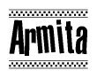 The image is a black and white clipart of the text Armita in a bold, italicized font. The text is bordered by a dotted line on the top and bottom, and there are checkered flags positioned at both ends of the text, usually associated with racing or finishing lines.