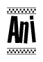 The image is a black and white clipart of the text Ani in a bold, italicized font. The text is bordered by a dotted line on the top and bottom, and there are checkered flags positioned at both ends of the text, usually associated with racing or finishing lines.