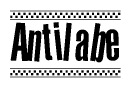 The image is a black and white clipart of the text Antilabe in a bold, italicized font. The text is bordered by a dotted line on the top and bottom, and there are checkered flags positioned at both ends of the text, usually associated with racing or finishing lines.