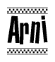 The image is a black and white clipart of the text Arni in a bold, italicized font. The text is bordered by a dotted line on the top and bottom, and there are checkered flags positioned at both ends of the text, usually associated with racing or finishing lines.