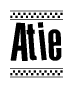 The image is a black and white clipart of the text Atie in a bold, italicized font. The text is bordered by a dotted line on the top and bottom, and there are checkered flags positioned at both ends of the text, usually associated with racing or finishing lines.