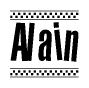 The clipart image displays the text Alain in a bold, stylized font. It is enclosed in a rectangular border with a checkerboard pattern running below and above the text, similar to a finish line in racing. 