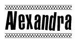 The image contains the text Alexandra in a bold, stylized font, with a checkered flag pattern bordering the top and bottom of the text.