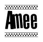 The image is a black and white clipart of the text Amee in a bold, italicized font. The text is bordered by a dotted line on the top and bottom, and there are checkered flags positioned at both ends of the text, usually associated with racing or finishing lines.