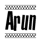 The image contains the text Arun in a bold, stylized font, with a checkered flag pattern bordering the top and bottom of the text.