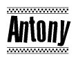 The image contains the text Antony in a bold, stylized font, with a checkered flag pattern bordering the top and bottom of the text.