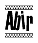 The image contains the text Abir in a bold, stylized font, with a checkered flag pattern bordering the top and bottom of the text.