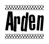 The image is a black and white clipart of the text Arden in a bold, italicized font. The text is bordered by a dotted line on the top and bottom, and there are checkered flags positioned at both ends of the text, usually associated with racing or finishing lines.