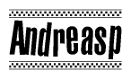 The clipart image displays the text Andreasp in a bold, stylized font. It is enclosed in a rectangular border with a checkerboard pattern running below and above the text, similar to a finish line in racing. 