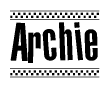 The clipart image displays the text Archie in a bold, stylized font. It is enclosed in a rectangular border with a checkerboard pattern running below and above the text, similar to a finish line in racing. 