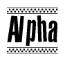 The image contains the text Alpha in a bold, stylized font, with a checkered flag pattern bordering the top and bottom of the text.