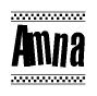 The image is a black and white clipart of the text Amna in a bold, italicized font. The text is bordered by a dotted line on the top and bottom, and there are checkered flags positioned at both ends of the text, usually associated with racing or finishing lines.
