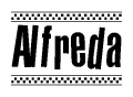 The clipart image displays the text Alfreda in a bold, stylized font. It is enclosed in a rectangular border with a checkerboard pattern running below and above the text, similar to a finish line in racing. 