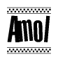 The clipart image displays the text Amol in a bold, stylized font. It is enclosed in a rectangular border with a checkerboard pattern running below and above the text, similar to a finish line in racing. 