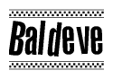 The image contains the text Baldeve in a bold, stylized font, with a checkered flag pattern bordering the top and bottom of the text.