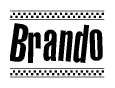 The image contains the text Brando in a bold, stylized font, with a checkered flag pattern bordering the top and bottom of the text.