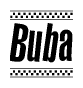 The image is a black and white clipart of the text Buba in a bold, italicized font. The text is bordered by a dotted line on the top and bottom, and there are checkered flags positioned at both ends of the text, usually associated with racing or finishing lines.