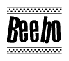 The image is a black and white clipart of the text Beebo in a bold, italicized font. The text is bordered by a dotted line on the top and bottom, and there are checkered flags positioned at both ends of the text, usually associated with racing or finishing lines.