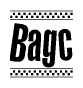 The image contains the text Bagc in a bold, stylized font, with a checkered flag pattern bordering the top and bottom of the text.