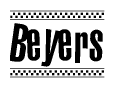 The image contains the text Beyers in a bold, stylized font, with a checkered flag pattern bordering the top and bottom of the text.