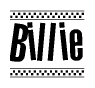 The clipart image displays the text Billie in a bold, stylized font. It is enclosed in a rectangular border with a checkerboard pattern running below and above the text, similar to a finish line in racing. 