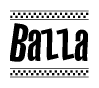 The image is a black and white clipart of the text Bazza in a bold, italicized font. The text is bordered by a dotted line on the top and bottom, and there are checkered flags positioned at both ends of the text, usually associated with racing or finishing lines.