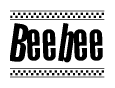 The clipart image displays the text Beebee in a bold, stylized font. It is enclosed in a rectangular border with a checkerboard pattern running below and above the text, similar to a finish line in racing. 