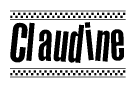 The image is a black and white clipart of the text Claudine in a bold, italicized font. The text is bordered by a dotted line on the top and bottom, and there are checkered flags positioned at both ends of the text, usually associated with racing or finishing lines.