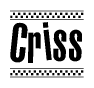 The image contains the text Criss in a bold, stylized font, with a checkered flag pattern bordering the top and bottom of the text.