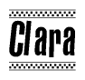 The image contains the text Clara in a bold, stylized font, with a checkered flag pattern bordering the top and bottom of the text.