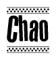 The image is a black and white clipart of the text Chao in a bold, italicized font. The text is bordered by a dotted line on the top and bottom, and there are checkered flags positioned at both ends of the text, usually associated with racing or finishing lines.