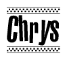The image is a black and white clipart of the text Chrys in a bold, italicized font. The text is bordered by a dotted line on the top and bottom, and there are checkered flags positioned at both ends of the text, usually associated with racing or finishing lines.
