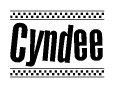 The clipart image displays the text Cyndee in a bold, stylized font. It is enclosed in a rectangular border with a checkerboard pattern running below and above the text, similar to a finish line in racing. 